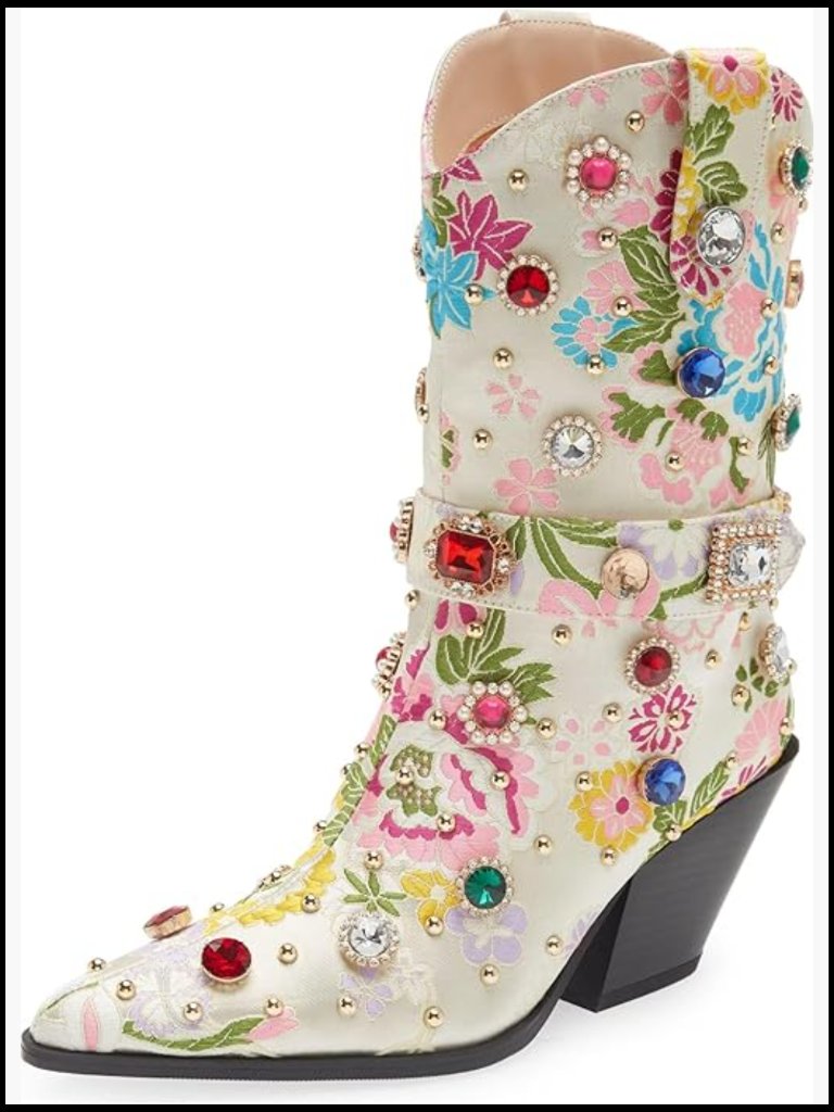 Mid Calf Cowgirl Boots With Rhinestone Accents Chunky Heel Pointed Toe